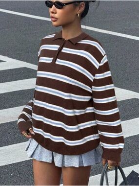 Striped Polo Knit Top in Brown